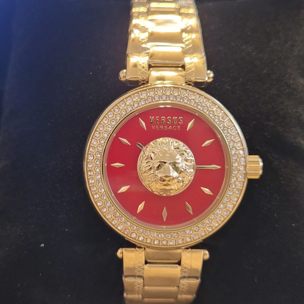 Versus Versace Gold Tone Watch with Red Dial